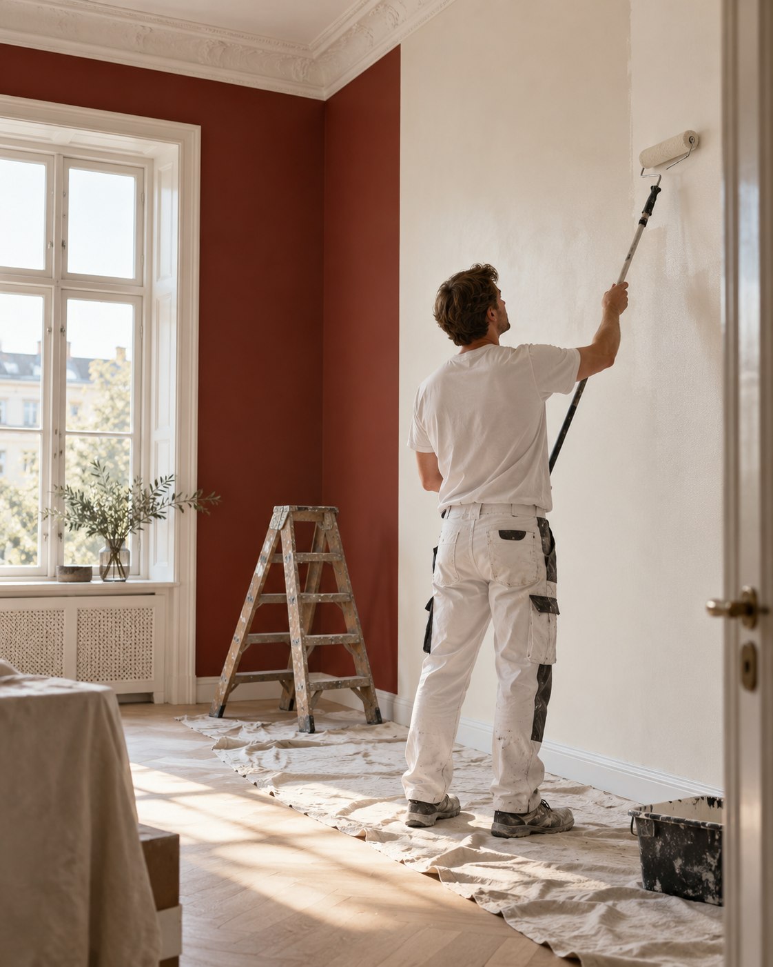 Stemningsfoto af en maler, der arbejder med en malerrulle indendørs